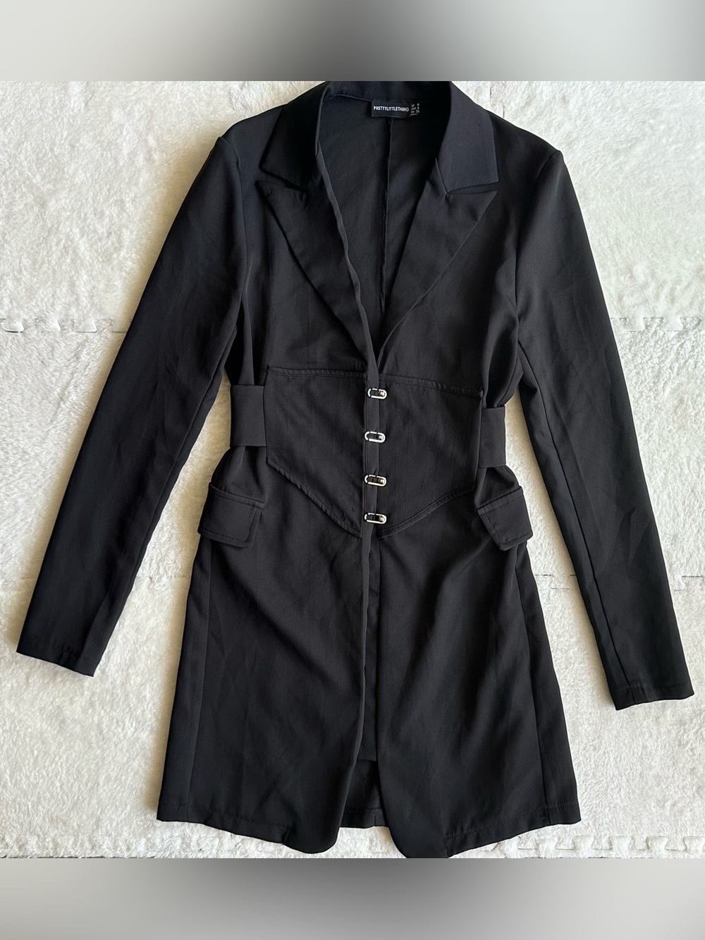 PrettyLittleThing Black Pin Detail Corset Blazer Dress, US 8